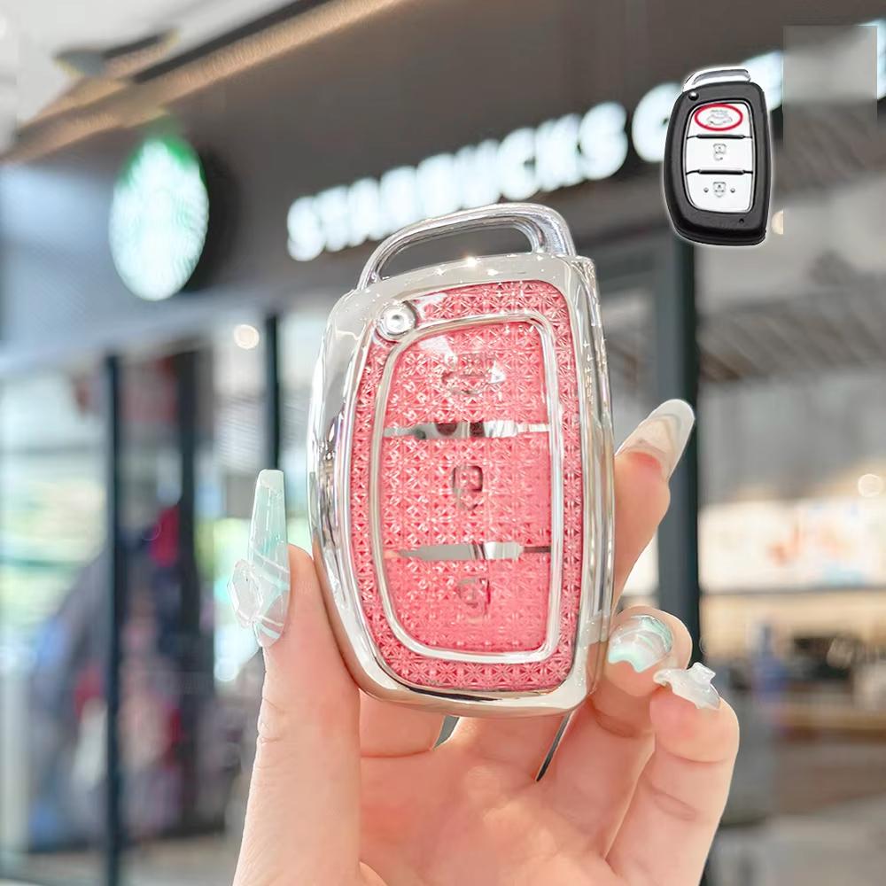 Crystal Pink Tpu For Hyundai Solaris Ix35 Ix45 Elantra Santa Fe Hb20 Verna 3 Button Remote Car Key Case Cover Fob Bag Keychain
