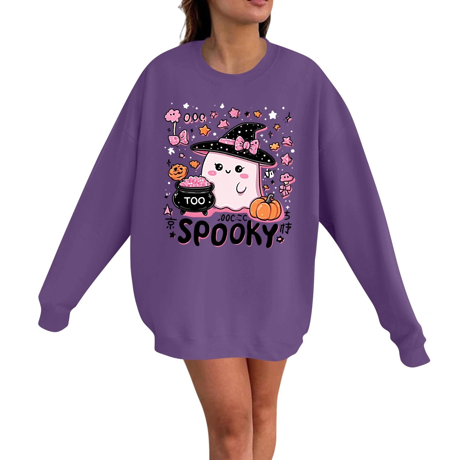 

Женский повседневный модный пуловер с длинным рукавом и принтом на Хэллоуин, с круглым вырезом S фиолетовый