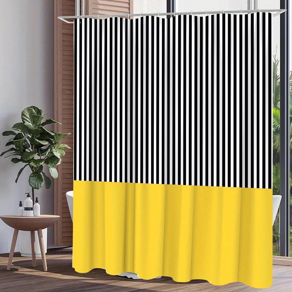 One Piece Of A Shower Curtain Featuring Black And White Stripes With A Yellow Accent, Showcasing A Bold Minimalist Vertical Patt