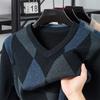 Winter Warm Men's Plaid V-neck Long Sleeved Sweater Knitted Sweater Fashion Casual Versatile Top