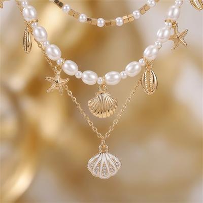 Layered Simulated Pearl Starfish Shell Necklace Summer Beach Boho Choker Jewelry For Women
