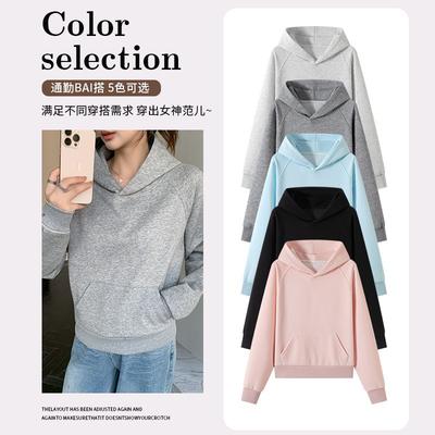 2 Hooded Sweater Women's Autumn and Winter Thickened Shoulder Casual Solid Color Loose and Thin Versatile Long-sleeved Top