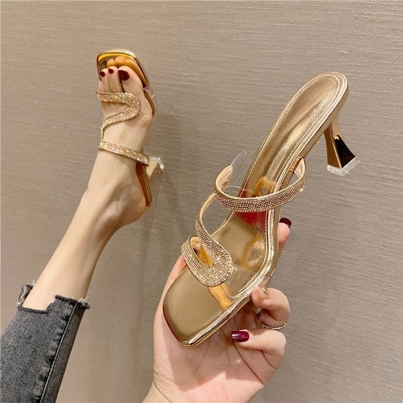 

Fashion Women s High Heels Slippers 2025New Rhinestone Design Slippers Summer Open-toe High Heels Slippers for Women Banquet Dress Shoes 35 золотистый