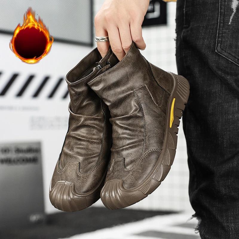 Fashion Men's Boots High Cut Workwear Men Shoes Autumn 2025 Flats Zipper Pleated Non Slip Comfort Thick Soled Wear-resistant Boots Men