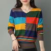 Spring Autumn New V-neck Long Sleeve Fashion Sweater Women High Street Contrast Color Pullovers Elegant Button Patchwork Tops