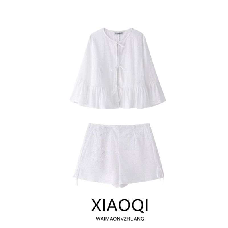 Fashion Style 2024 New Fall Women's Clothing Slim Looking All-Matching Hollow Embroider Shirt Mid Waist Shorts 8399300