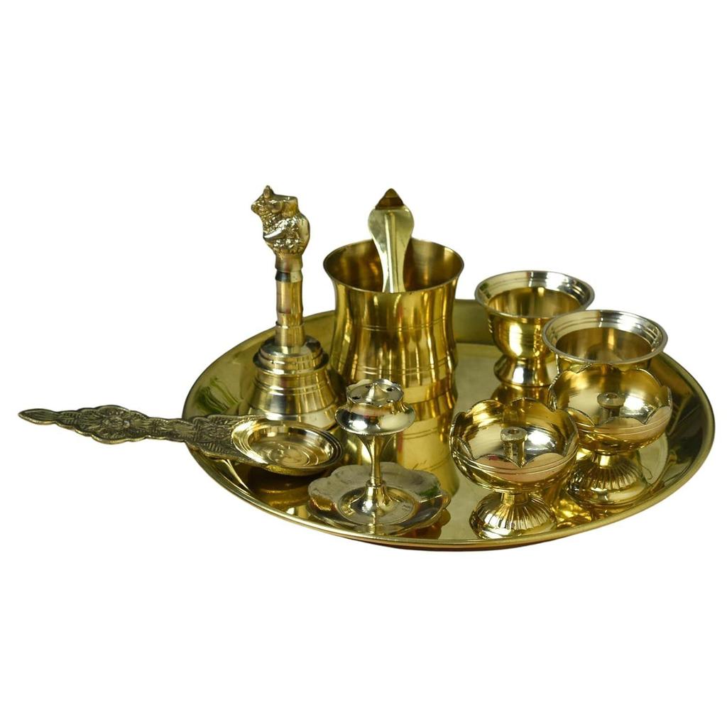 8-Inch Plain Brass Pooja Thali Set with Diyas, Kumkum Bowls, Agarbatti Stand & Accessories
