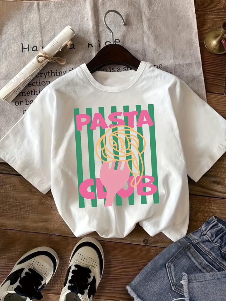 Design Food Print Round Neck Top Fun Letter Print Breathable Short Sleeves Suitable for Outdoor Shopping Leisure Activities