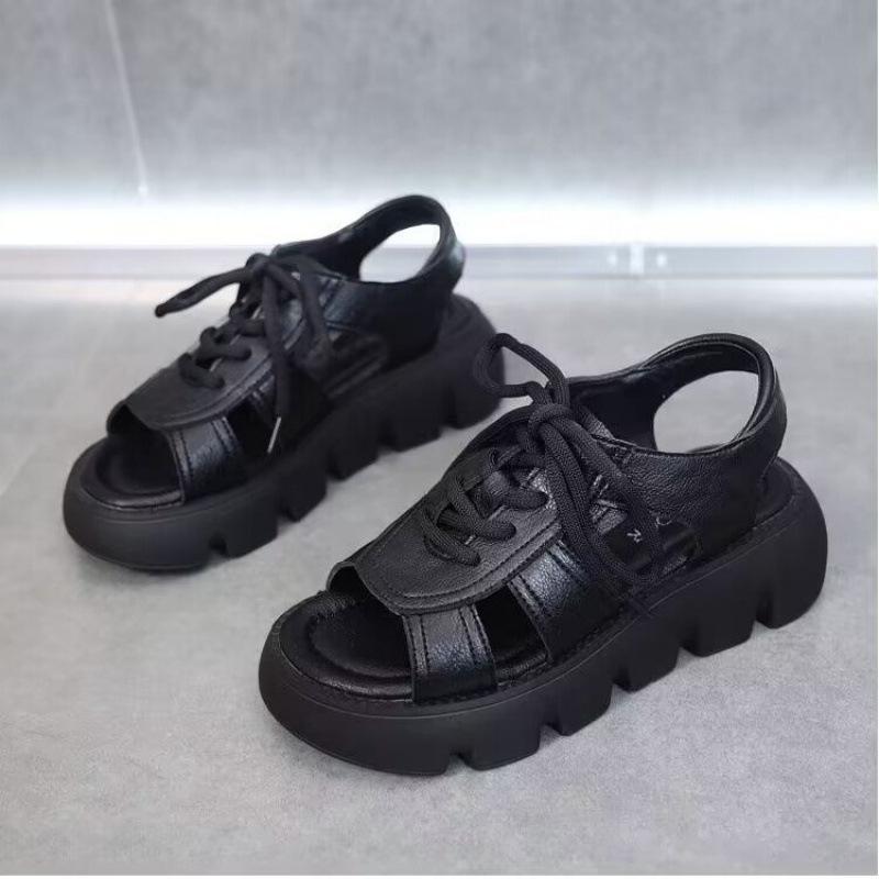 

Platform sandals women s summer 2025 new fashion retro lace-up muffin shoes versatile hollow Roman beach shoes 40 чёрный