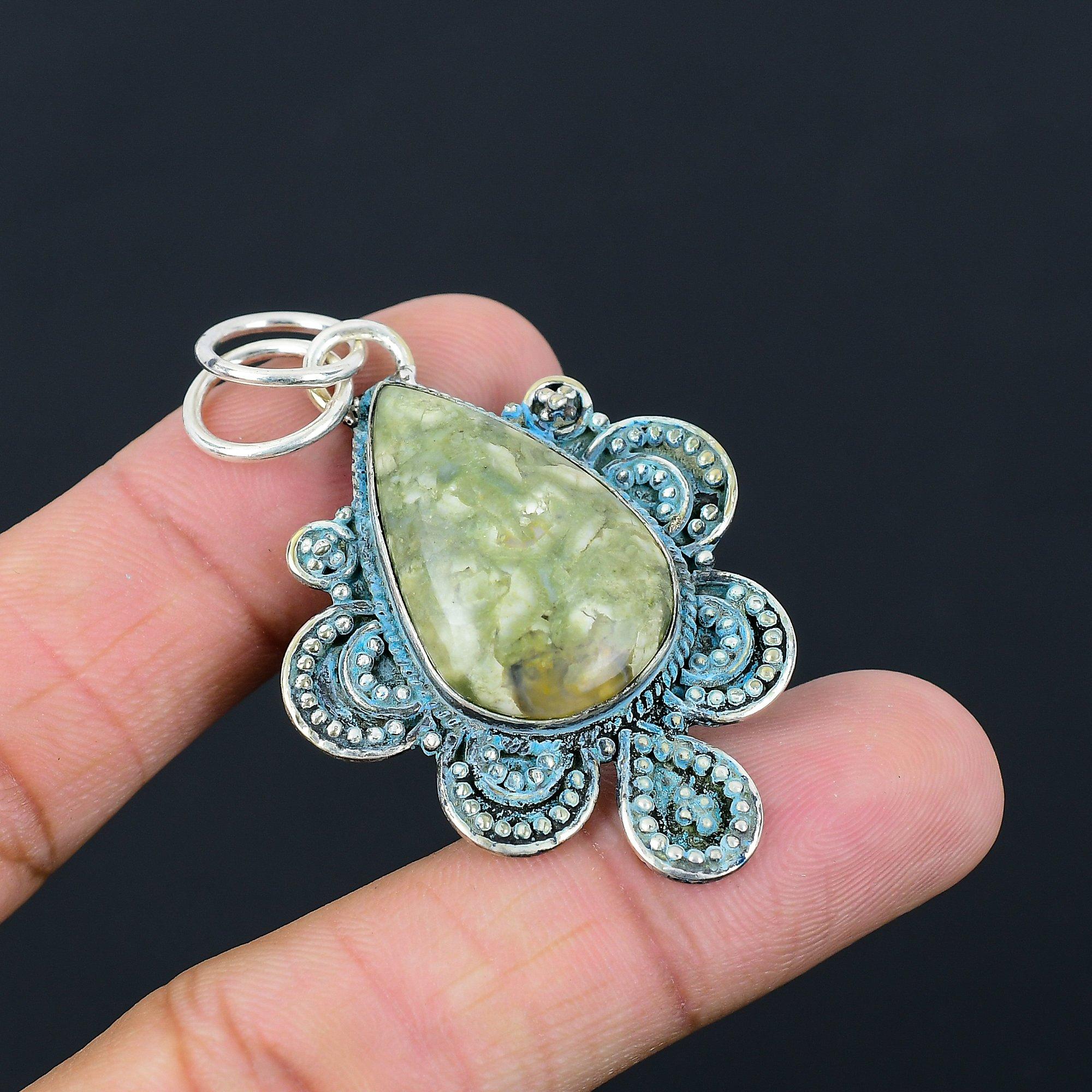 Pear Rainforest Jasper Stone 925 Silver Anniversary Engagement Artisan Pendant