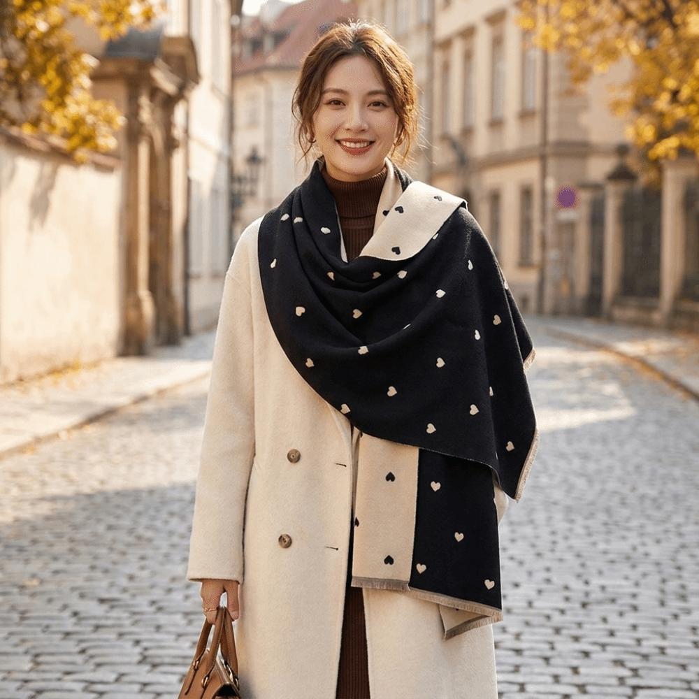 Soft Warm Shawl Vintage Style Wrap Scarf Romantic Double Sided Heart Pattern Scarf Daily Wear