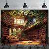 2D Enchanted Bookshelf Backdrop Vintage Tree Library Photography Background