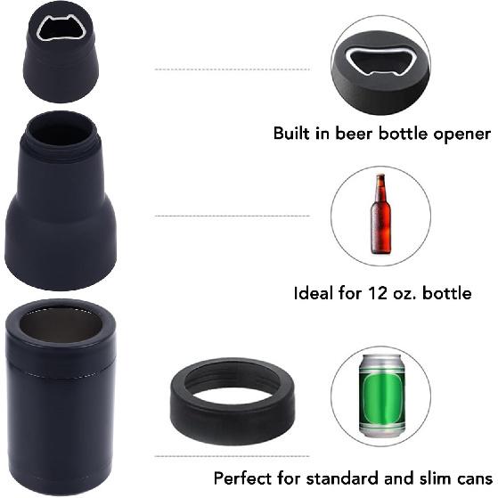 

HEEPDD 3-in-1 Stainless Steel Insulated Can Cooler & Bottle Holder with Bottle Opener, Black, 12 oz