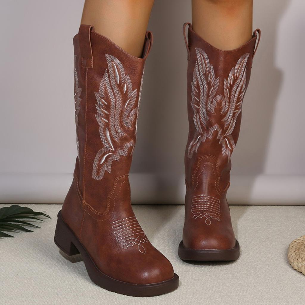 Vintage western cowboy boots 2025 new inner height increase medium tube Martin boots Chelsea boots embroidered long tube knight boots