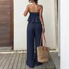 Summer New Style Casual Vacation-themed Two-piece Set - Solid Color Strapless Leaf-edge Top, Wide-leg Pants Set