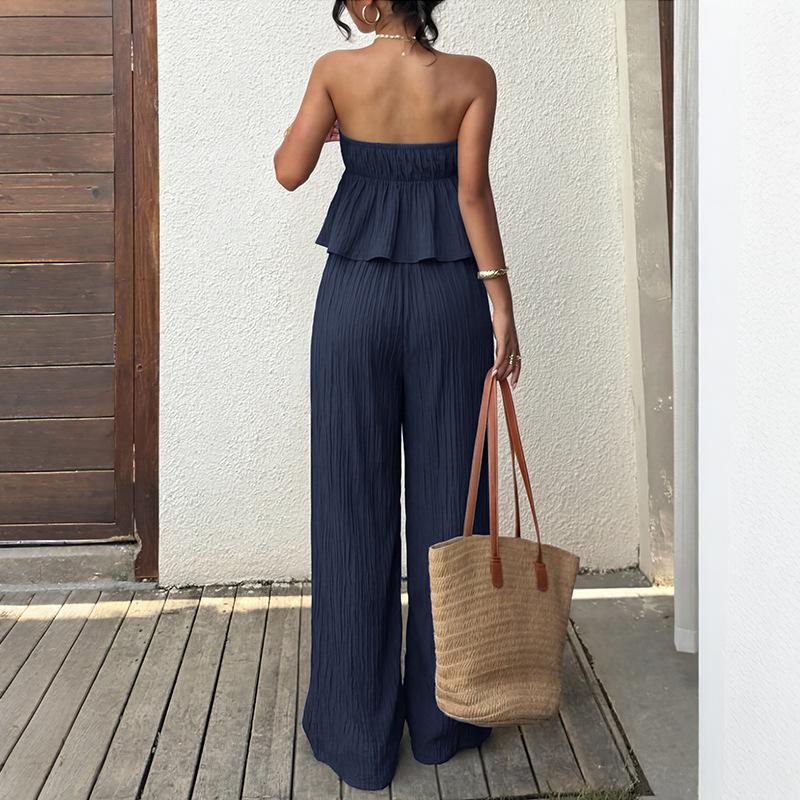 Summer New Style Casual Vacation-themed Two-piece Set - Solid Color Strapless Leaf-edge Top, Wide-leg Pants Set