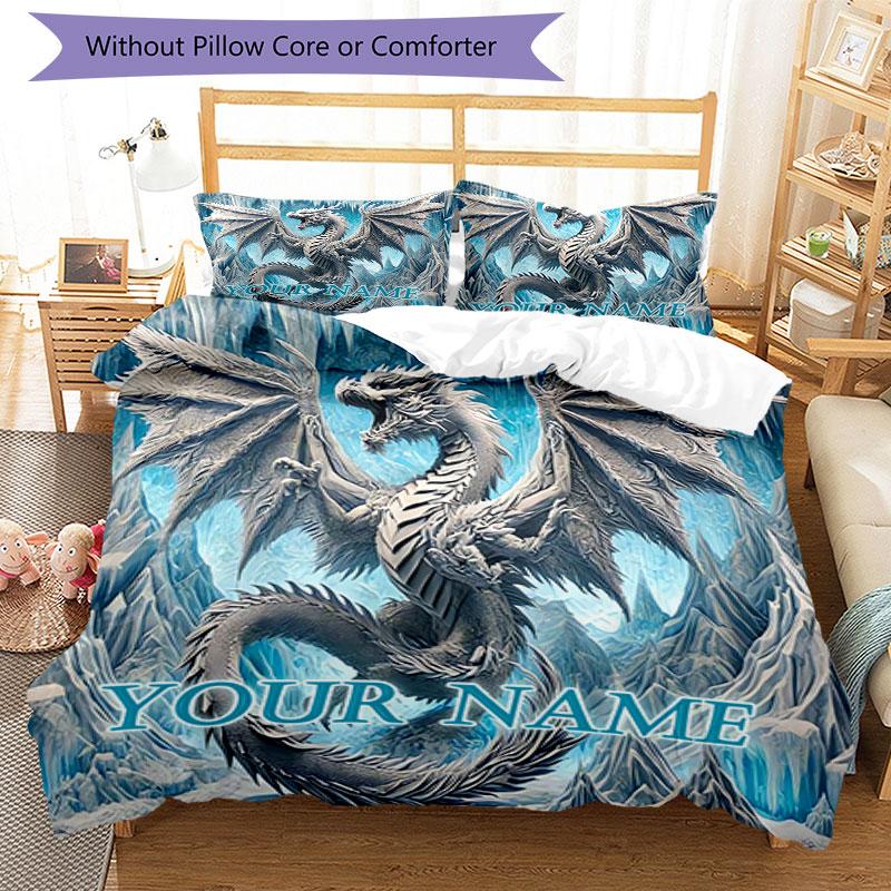 3PC Custom Name Frosty Dragon's Majesty Bedding Set Duvet Cover Closure Includes 1 Duvet Cover & 2 Pillowcases for Bedroom