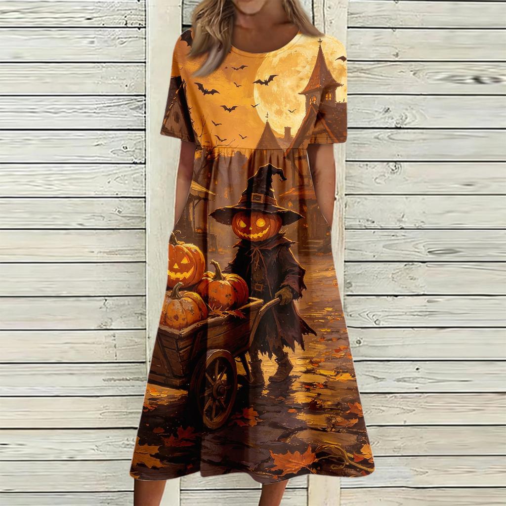 Women's Casual Round Neck Dress with Pockets Halloween Print for Party and Everyday Wear