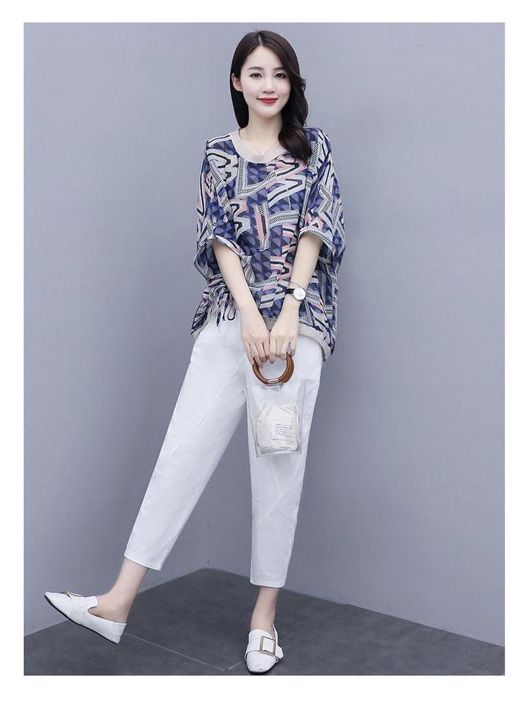 2025 Damen Übergröße Lässig Stilvoll Zweiteilig: Fünf-Ärmel Print T-Shirt & Neun-Punkte-Hose Set