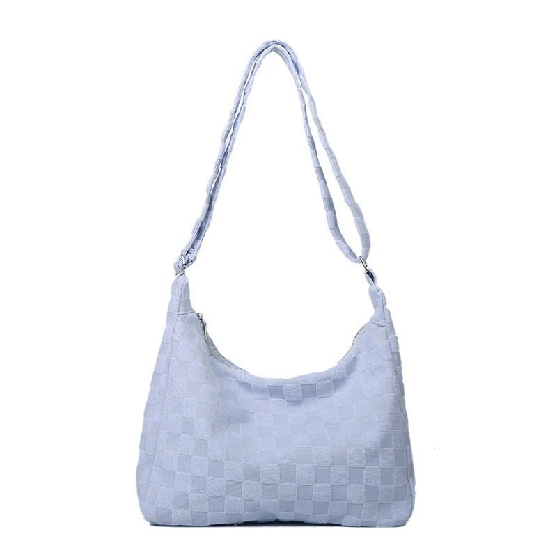 IELGY women's plush plaid handbag, retro large-capacity one-shoulder casual hand carry messenger bag (no pendant)