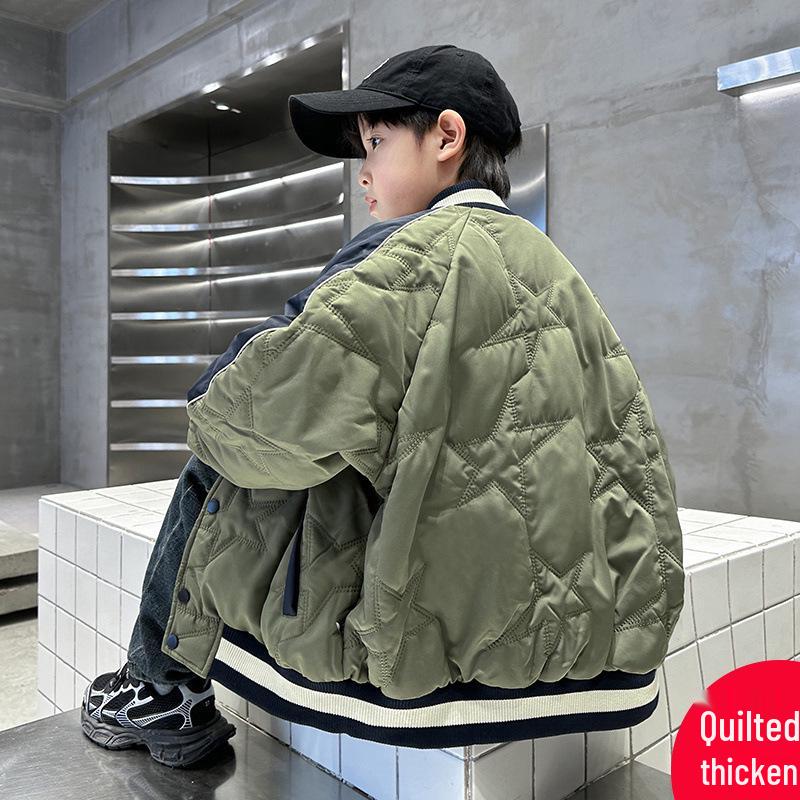 Gepolsterte doppellagige Baumwoll-Baseballjacke für Jungen - Herbst/Winter 2025, Verdickt für mittelgroße bis große Kinder
