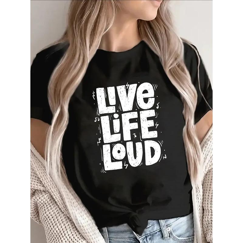 

Ladies Polyester Short Sleeve T-Shirt with Bold LIVE LIFE LOUD Graphic Print, Black Base, Casual Wear, Soft Texture, Perfect for Everyday Style 4XL чорний