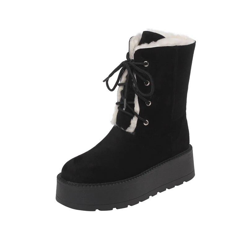 

Meotina/женские ботильоны с круглым носком на плоской платформе, шерстяные зимние ботинки на высоком каблуке и платформе со шнуровкой, женская модная обувь, зима 40 34 чёрный