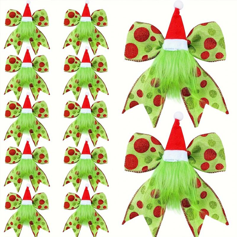 5/10Pcs Plush Foliage Wreaths Christmas for Xmas Tree Party Ornaments Santathemed Decor Glitter Dot Ribbons with Santa Hat