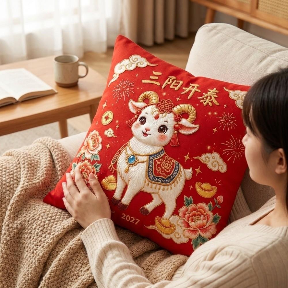 Soft Chinese Zodiac Sheep Pillow Cover Cartoon Sheep Pattern Throw Pillow Covers Spring Festival