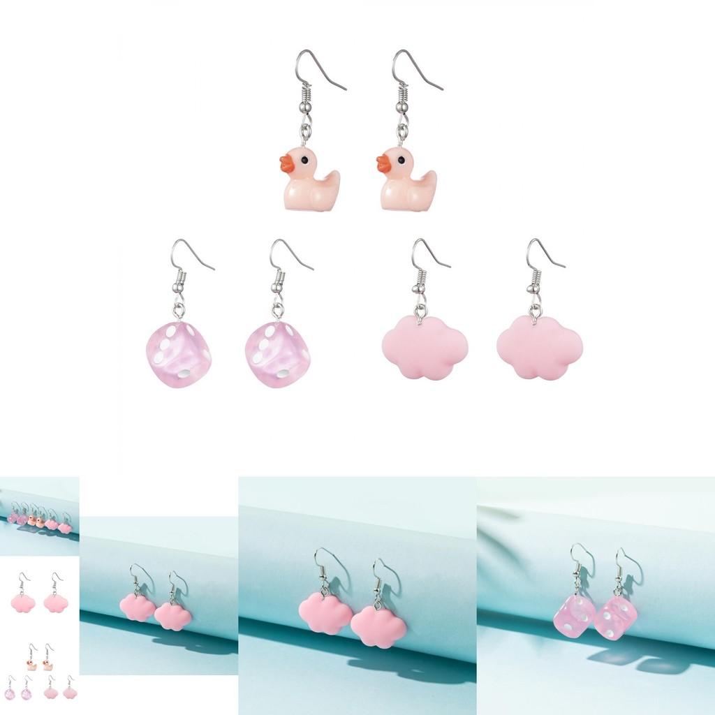 Stylish Pink Resin Earrings Set With White Cloud Duck And Dice Design For Women