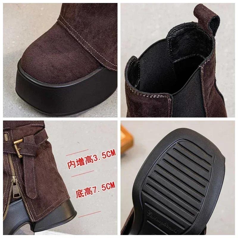 Fashion 11cm Suede Cow Genuine Leather Spring Platform Wedge Flats Women Autumn British Motorcycle Fashion ZIP Ankle Boots Shoes