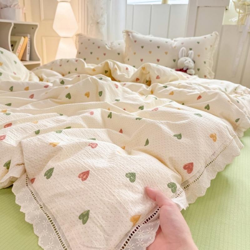 2026 New Hollow Lace Wrinkled Cotton Four-piece Set Household Student Dormitory Three-piece Set Bed Sheet Quilt Cover