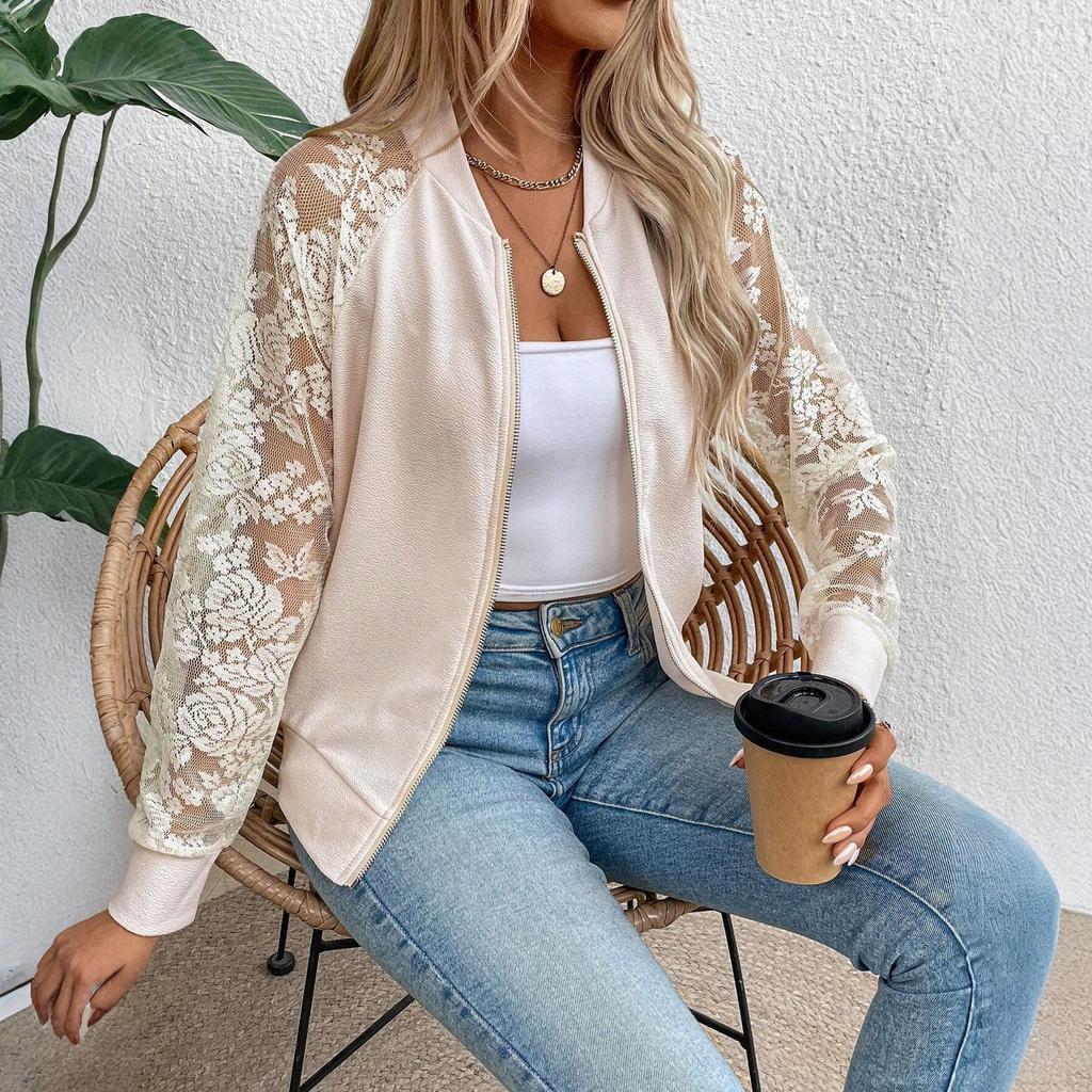 Women's Lace,trimmed Long,sleeved Baseball Collar Jacket/coat