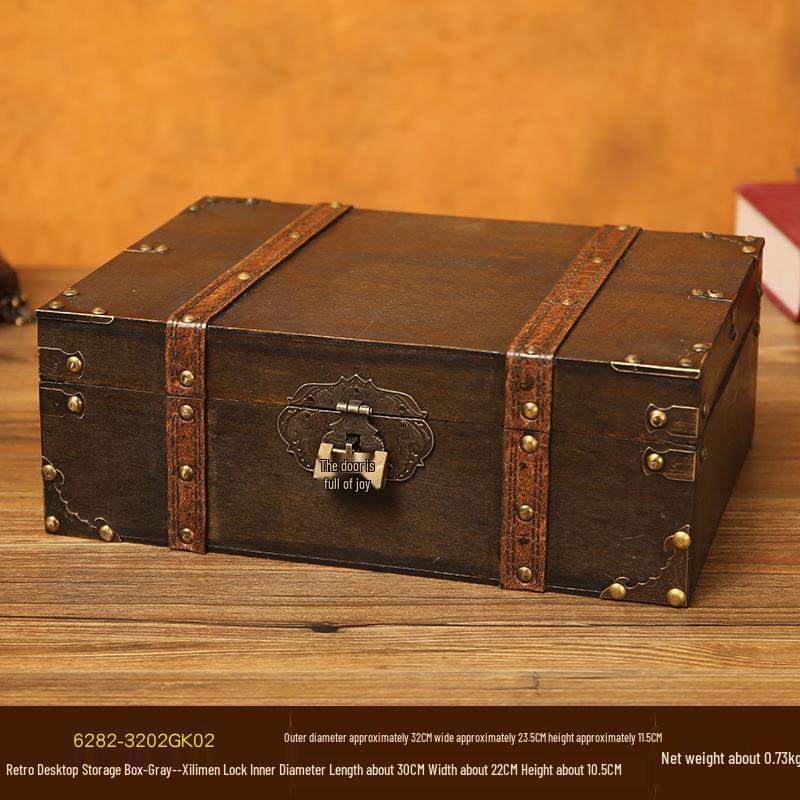 Retro Wooden Rectangular Storage Box Set with Lock - Creative Organizer & Decorative Props