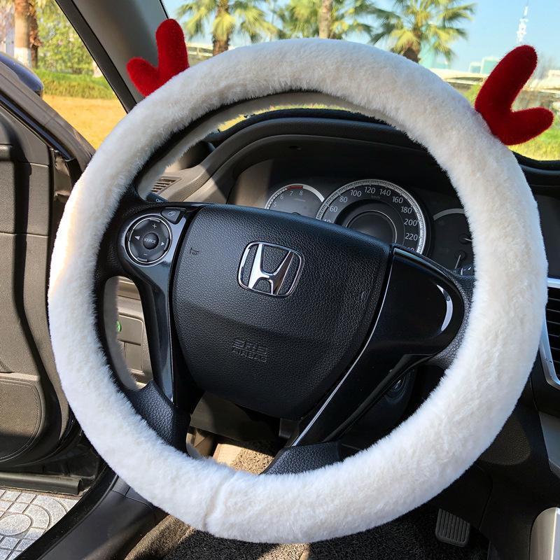 Short Plush Steering Wheel Cover Kawaii Winter Warm Car Handle Cover Anti-skid Cartoon Cute Cat Ear Steering Cover Pink Gift