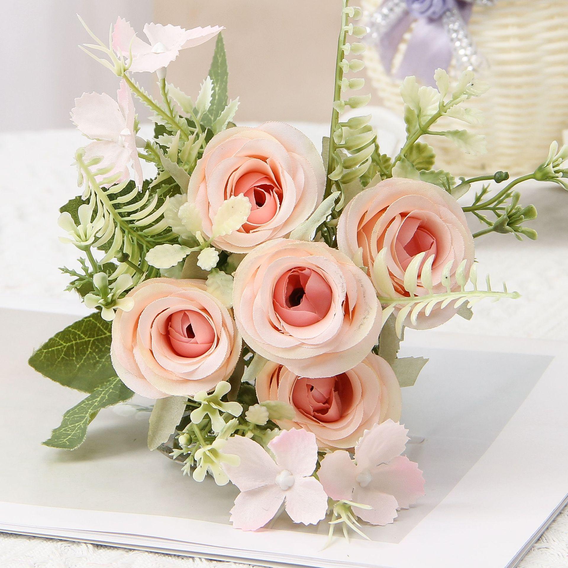 Dusty Pink Artificial Rose Bouquet, Fake Silk Roses with Greenery for Home Wedding Decor