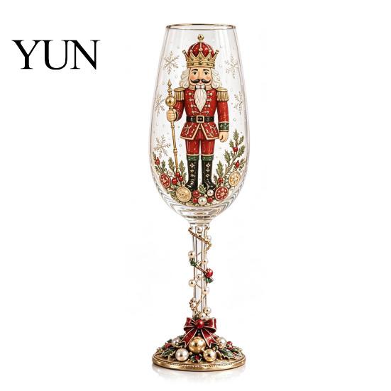 Pahar Roșu Festiv Crăciun Cascană de Nuci Pahar Șampanie, 350ml Pictat Manual Decor Masă de Sărbătoare Veselă Decorativă pentru Masă și Anul Nou