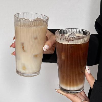 240ml/380ml Vertical Pattern Glass Cup Juice Cup Creative Cocktail Glass Latte Coffee Mug Home Water Cup with Lid Soda Water Cup