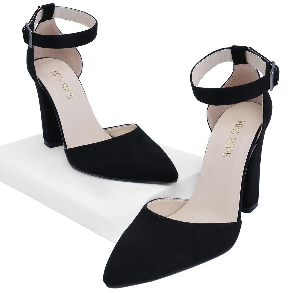 LOSLANDIFEN Women Pumps Sexy Ankle Strap 10CM Thick Heel Large Size Pointed Toes High Heels Black Party Dress Wedding Shoes