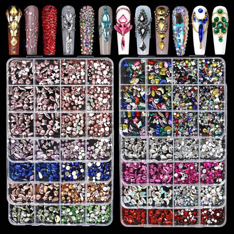 12 Grids Flat Bottom Mixed Nail Diamond 12 Color Nail Rhinestone Shiny Colorful Nail Gems Glass Stones Nail Charm
