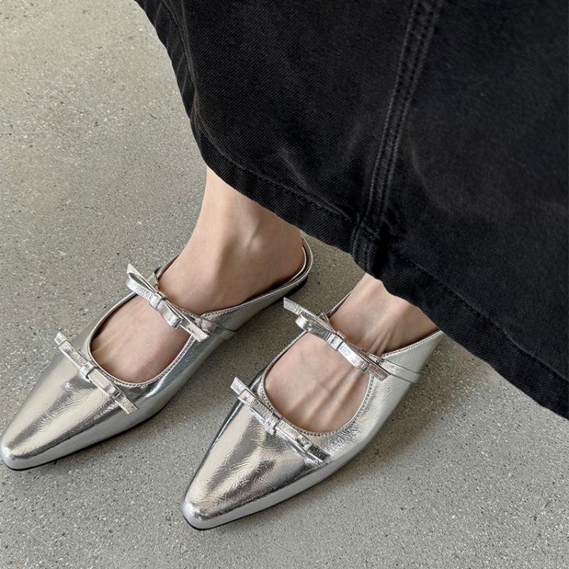 Fashion 2025 New Luxury Bow Tie Mary Jane Women's Pointed Shiny PU Leather Flat Ballet Shoes Bridal Wedding Shoes Zapatillas Mujer