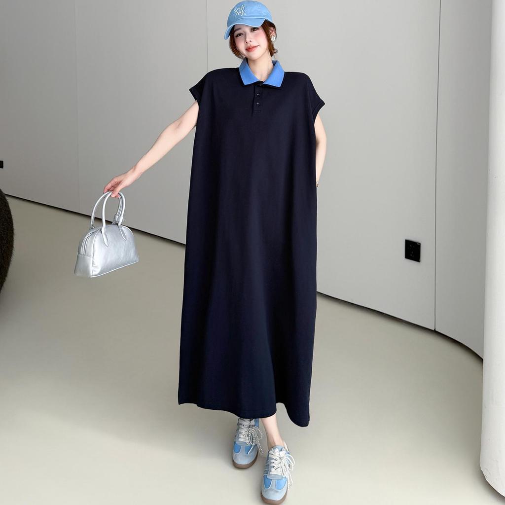 Summer Loose Cotton Polo Collar Dress - Elegant Casual Long Skirt