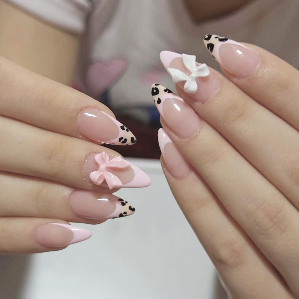 24Pcs French Style Fake Nails 3D Bowknot Designs Short Square Press On Nails Sweet Korean Fashion False Nail for Women Girl