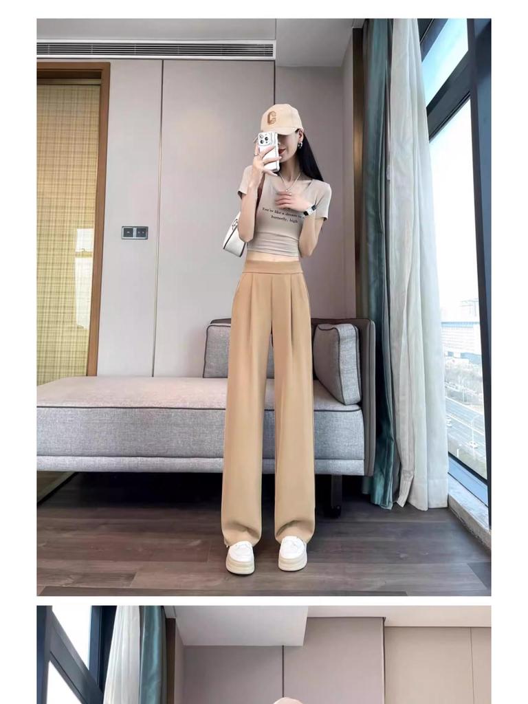 Women's 2026 High-End Grey Wide-Leg Pants - Spring/Summer Straight-Leg Design