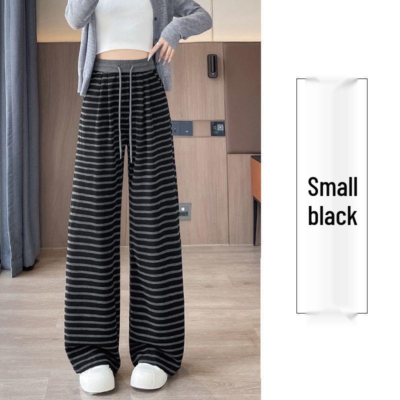 High-Waist Retro Striped Wide-Leg Pants with Drawstring - Women's Casual Floor-Length Knit for Autumn and Spring
