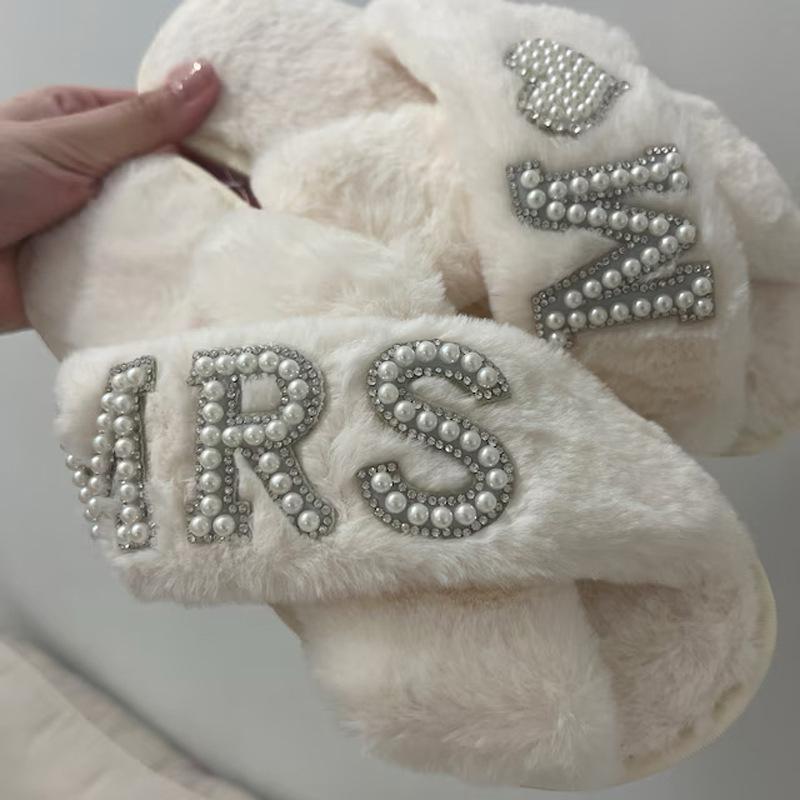 Women Home Furry Slippers Fork Strap Bride Wedding MRS Slippers Cozy Indoor Footwear
