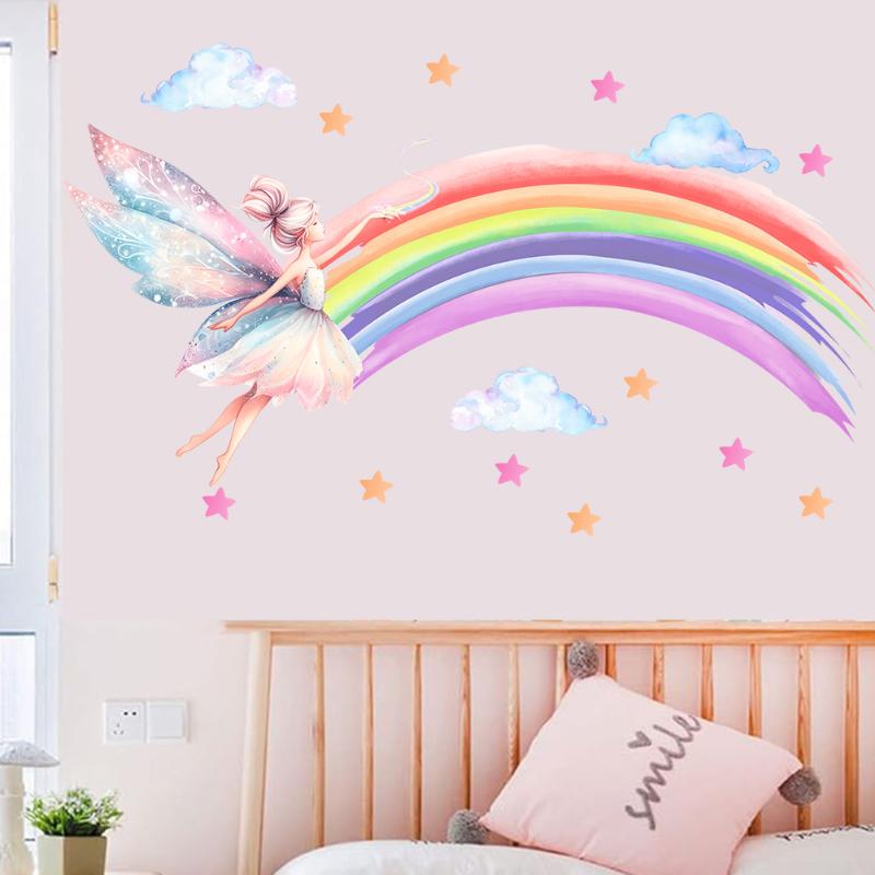 Cartoon Elf Meisje Regenboog Muursticker Meisjeskamer Wolk Elf Muursticker Kinderkamer Decoratie