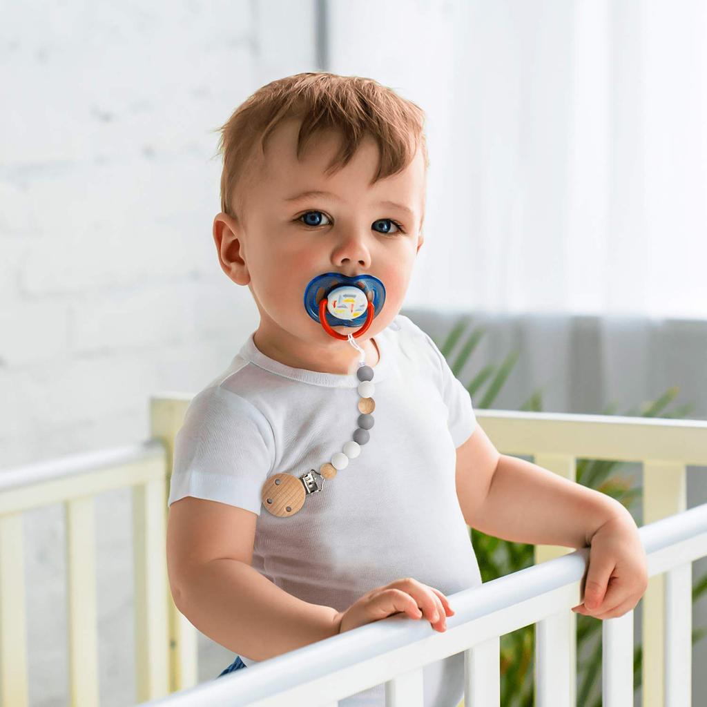 1X Holz Baby Schnuller Clip Handweberei Lederkette Baby Fütterung Clips