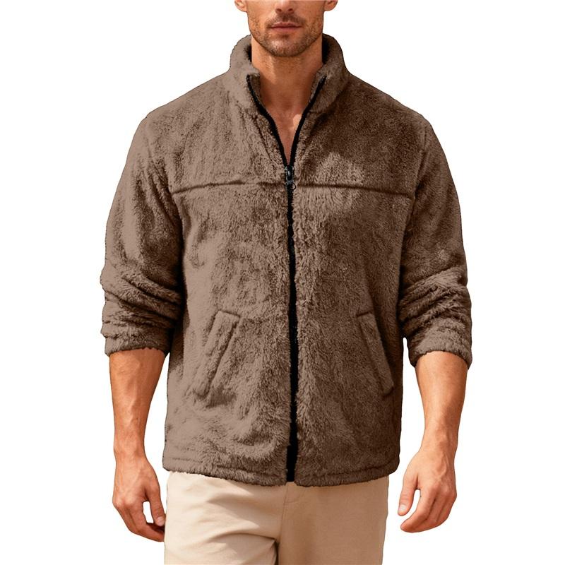 Men's Standing Collar Fleece Top With Zipper Oversized Casual Jacket For Autumn And Winter