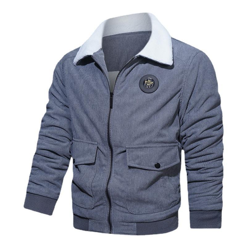 

Одежда для весны и осени, зимняя одежда из флиса с утолщенной хлопковой подкладкой, мужская свободная повседневная куртка для мужчин среднего возраста с множеством карманов из вельвета M серый